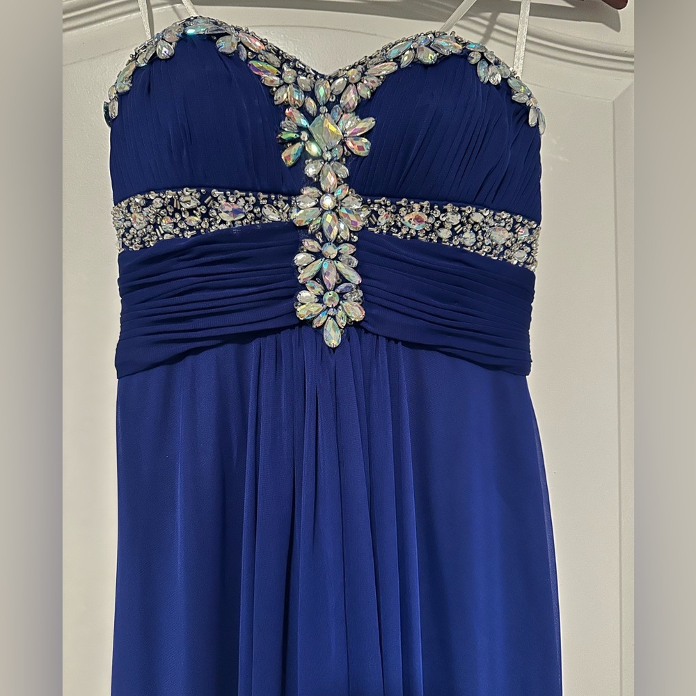 Embellished blue strapless chiffon maxi dress
